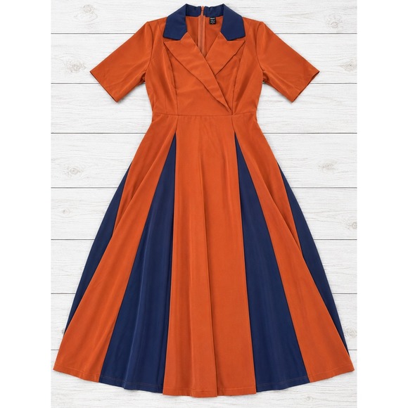 SHEIN Dresses & Skirts - SHEIN Midi Dress Colorblock Mod Retro Vintage Burnt Orange Navy Blue Size 4 NWT